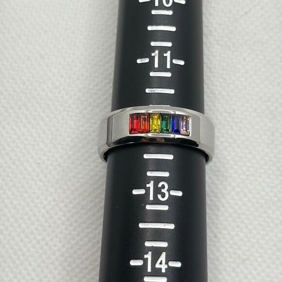 NWOT Size 12 Titanium band with rainbow flag stones - Picture 5 of 5